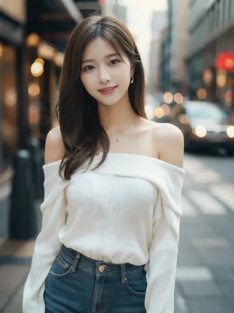 Full Body Shot, A cowboy shot a woman with long brown hair, Standing in the city with a blurred background, Wear an off-the-shoulder white blouse, The left shoulder is slightly lowered, smile, soft, Confident expression, 