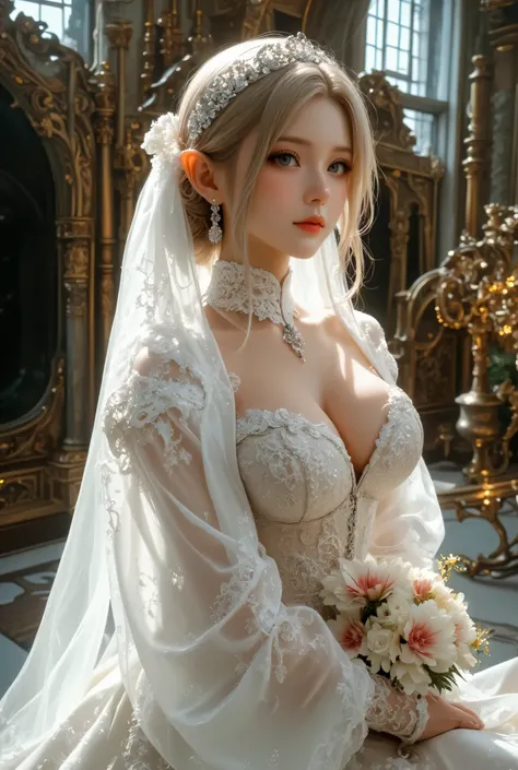 best quality , Super quality, 16k, Unbelievably Absurd, very detailed, lovely photo, delicate and dynamic, Kiri Reina female, seductive smile, pure white wedding dress , great style , bouquet, steampunk, DIESEL PUNK , clock punk , cyberpunk, Glitter effect...