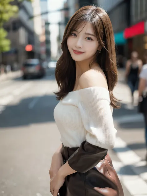 Full Body Shot, A cowboy shot a woman with long brown hair, Standing in the city with a blurred background, Wear an off-the-shoulder white blouse, The left shoulder is slightly lowered, smile, soft, Confident expression, 