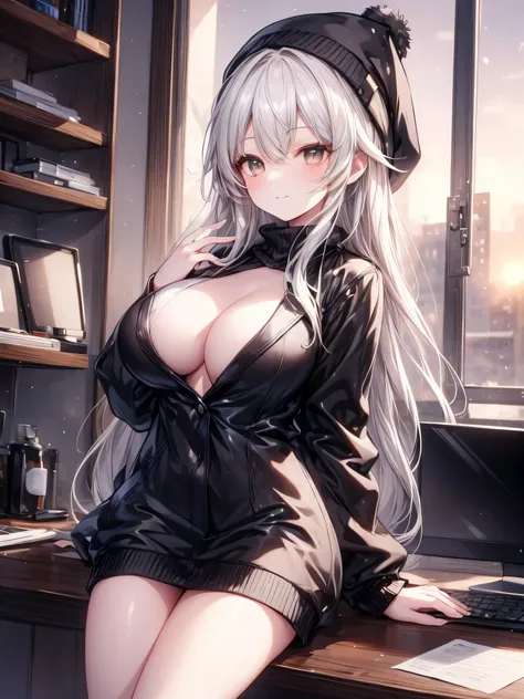 (Masterpiece, 4k, ultra high quality,  well detailed), a beautiful woman sitting next to a computer with a cup of coffee,  long hair, straight hair, gray hair sweater, brown eyes,  beautiful eyes , Detailed face,  beautiful face, smiling face, big breasts,...