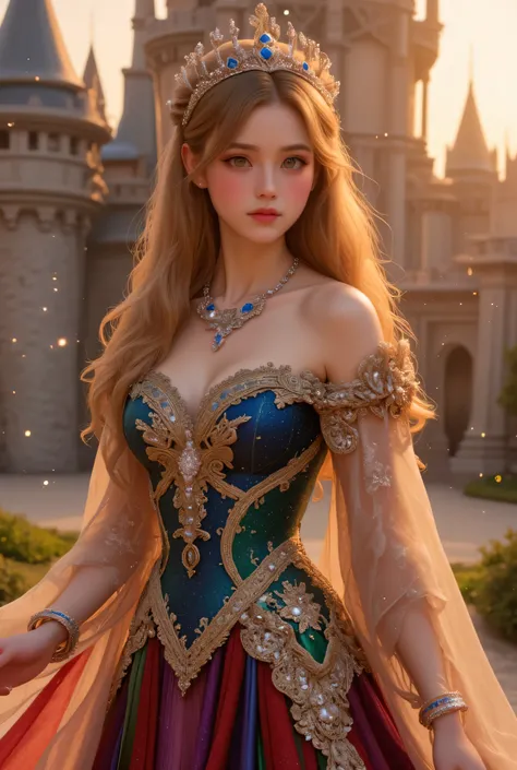 1girl, long hair, lors, deep contrast, super real, pink lipstick, lovely atmosphere, cinematic composition, close-up of face. She is wearing a breathtakingly opulent princess dress with flowing, multi-layered fabrics in a mesmerizing blend of royal blue, d...