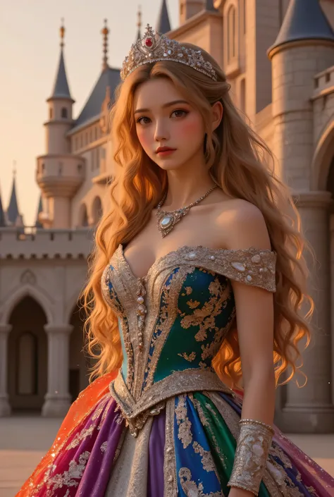1girl, long hair, lors, deep contrast, super real, pink lipstick, lovely atmosphere, cinematic composition, close-up of face. She is wearing a breathtakingly opulent princess dress with flowing, multi-layered fabrics in a mesmerizing blend of royal blue, d...