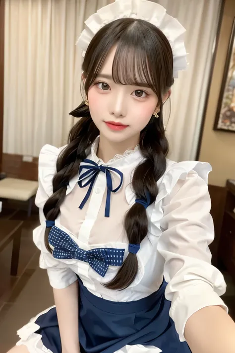 A hyper-realistic portrait of a young woman with black, softly curled hair in twin braids and adorned with delicate blue and white gingham ribbons. She has warm golden-brown eyes, fair, light skin with a natural glow, a hint of rosy blush, and glossy lips....