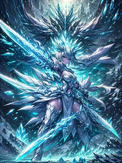 (((masterpiece, best quality, high detailed, 16k))), A girl holding a sword in her hand, female goddess, Ornate Sword, ice frozen sword, Planted Sword, (close-up of sword), light blue eyes, light blue hair, big breasts, white bikini dress, light blue cloak...