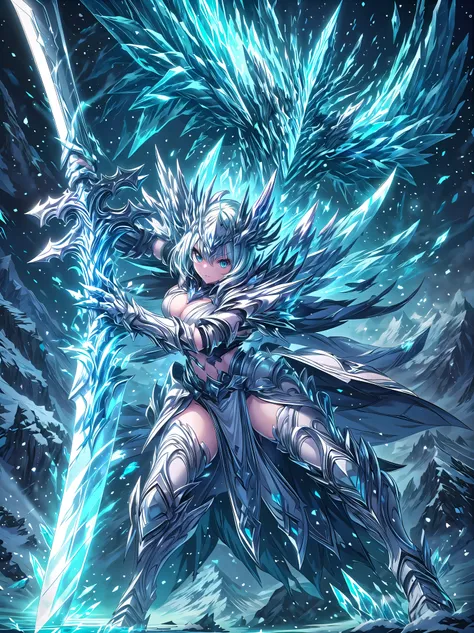 (((masterpiece, best quality, high detailed, 16k))), A girl holding a sword in her hand, female goddess, Ornate Sword, ice frozen sword, Planted Sword, (close-up of sword), light blue eyes, light blue hair, big breasts, white bikini dress, light blue cloak...