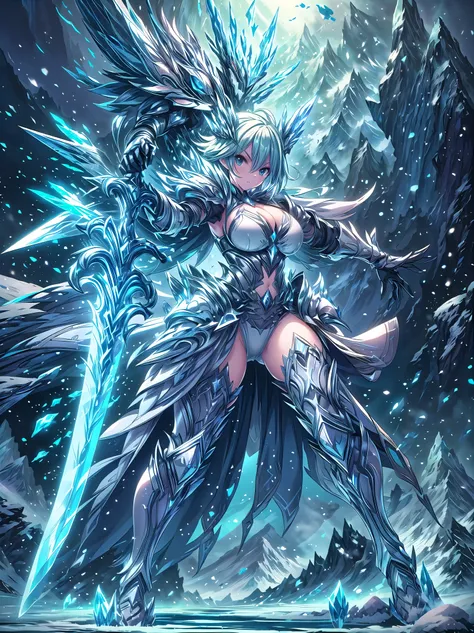 (((masterpiece, best quality, high detailed, 16k))), A girl holding a sword in her hand, female goddess, Ornate Sword, ice frozen sword, Planted Sword, (close-up of sword), light blue eyes, light blue hair, big breasts, white bikini dress, light blue cloak...