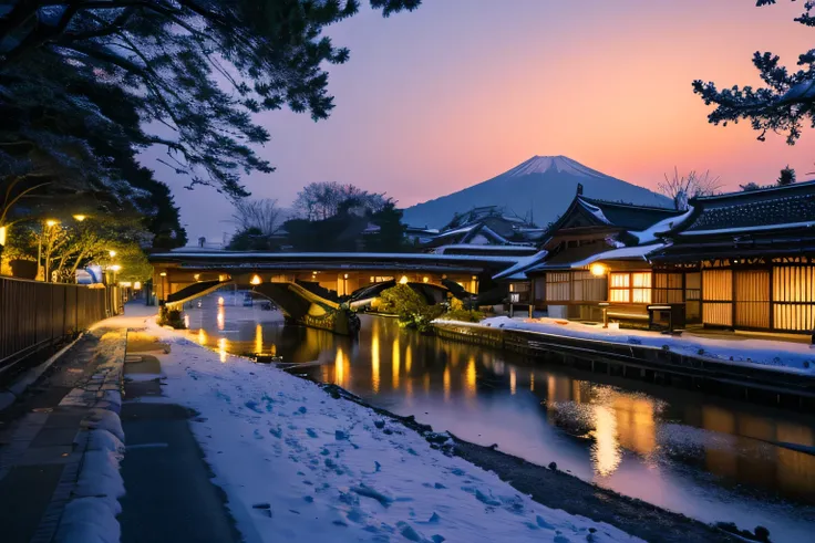 Snowy Night scene of a town with a bridge and a river,   pictures inspired by Higashiyama Kaii,  shutterstock, ukiyo-e, , Japanese Village,   Japan Travel & Tourism  ,  Japan Travel and Adventures  ,  Japanese cities ,   Japan Deeper Travel Exploration  , ...