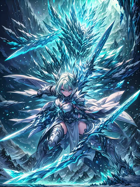 (((masterpiece, best quality, high detailed, 16k))), A girl holding a sword in her hand, female goddess, Ornate Sword, ice frozen sword, Planted Sword, (close-up of sword), light blue eyes, light blue hair, big breasts, white bikini dress, light blue cloak...