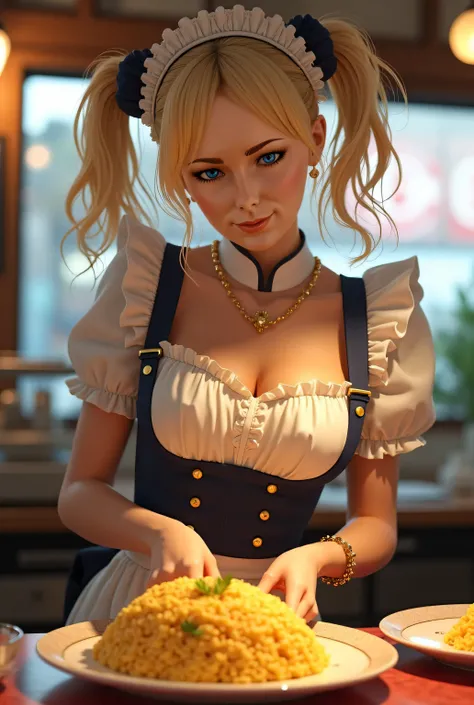  beautiful woman, blue eyes,  blonde hair with pigtails,  gold jewelry, full costume of maid, preparing omurice in a food business in Japan, realism, Masterpiece, 8K.