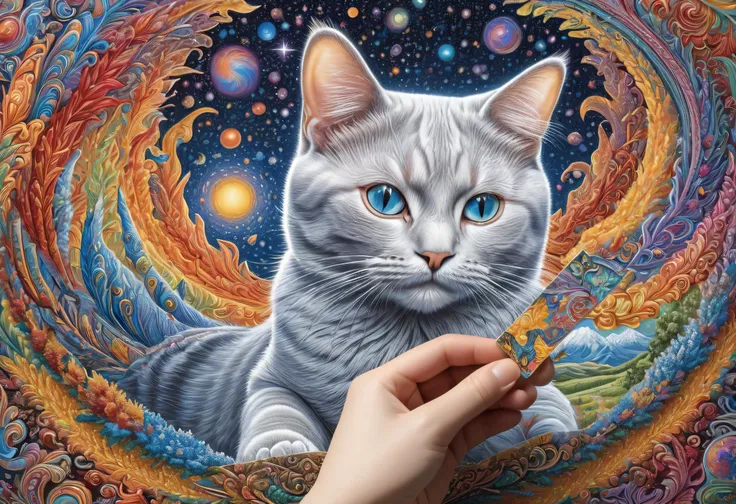 Person holding a puzzle piece with a picture of a cat, Puzzle Art ,  highly detailed and captivating ,  Alex grey cat ,  4k very detailed art, 8k Highly Detailed Art , Cat Painting, Highly detailed 4K art,  Vector art by 、Colourful and Rich in Details , Ca...