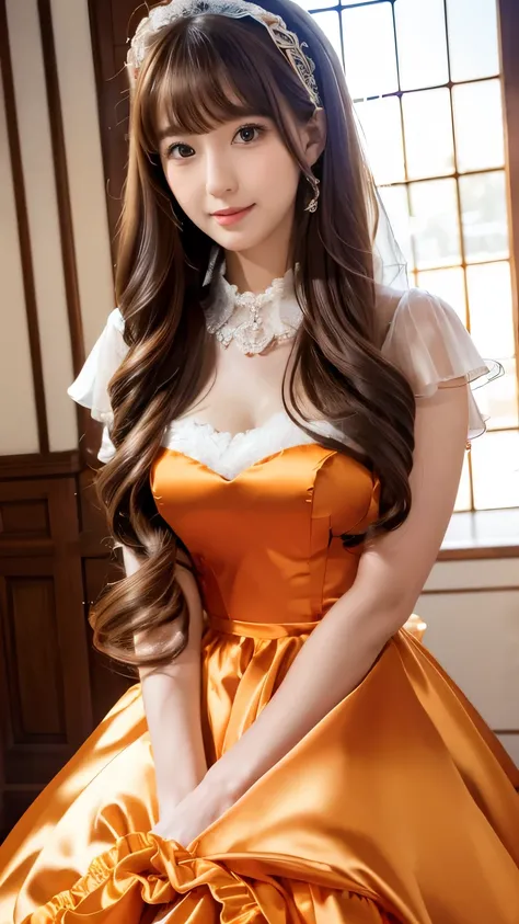 (((Top Quality))), (((Masterpiece))), (((Detail))), tall, looking at camera, face-to-face,  shiny  orange silk satin ruffle girly empire length wedding dress, hands thrust forward, Japanese, brown hair, long hair, gorgeous room,. Gorgeous ribbon hair acces...