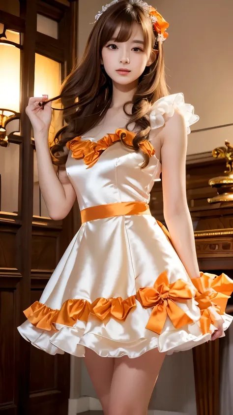 (((Top Quality))), (((Masterpiece))), (((Detail))), tall, looking at camera, face-to-face,  shiny  orange silk satin ruffle girly empire length wedding dress, hands thrust forward, Japanese, brown hair, long hair, gorgeous room,. Gorgeous ribbon hair acces...