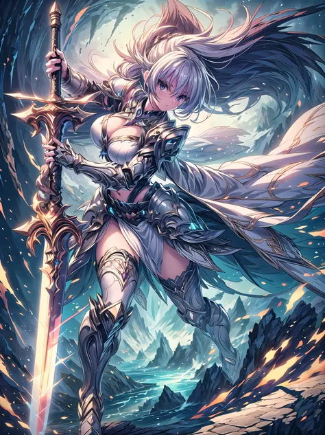 (((masterpiece, best quality, high detailed, 16k))), A girl holding a sword in her hand, female goddess, Ornate Sword, light and white divine sword, Planted Sword, (close-up of sword), black eyes, white hair, big breasts, white bikini dress, white cloak, p...