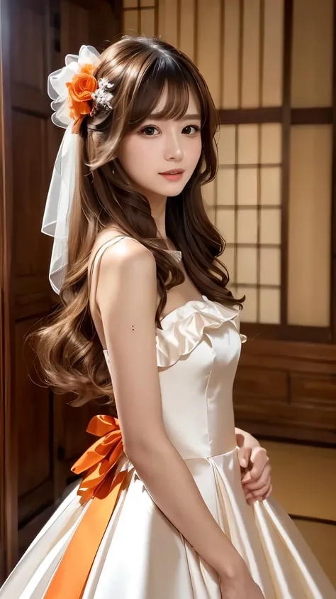 (((Top Quality))), (((Masterpiece))), (((Detail))), tall, looking at camera, face-to-face,  shiny  orange silk satin ruffle girly empire length wedding dress, hands thrust forward, Japanese, brown hair, long hair, gorgeous room,. Gorgeous ribbon hair acces...