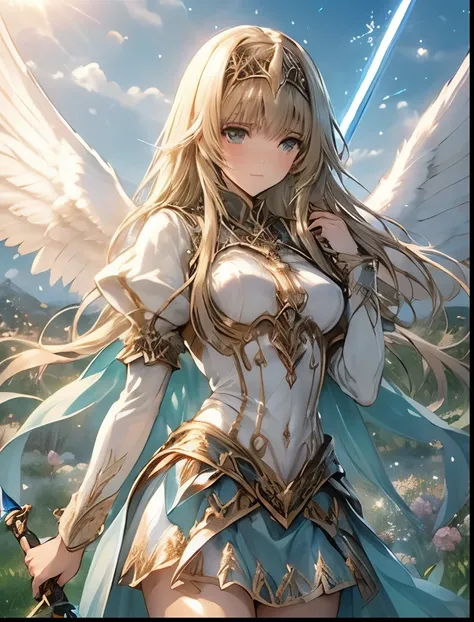 (((SFW、Highest quality、 first class masterpiece 、 Normal body 、8k、 detailed face 、 super precise、 real color 、5refer to、Highest)))、 Valkyrie 、『Valkyrie Profile 2』、Golden Hair 、 long hair、 short、Big Breasts、 slender、 slim、 Navel Exposure 、Pink Heart Dir...