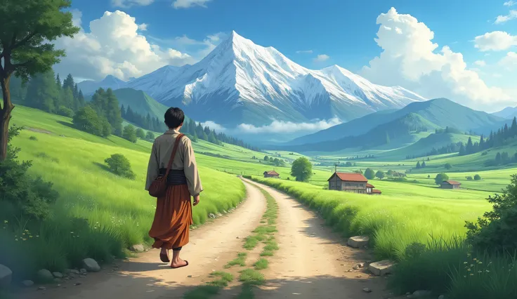 A determined young man, dressed in simple traditional attire, leaves his village along a narrow, winding dirt road. Lush green fields and distant mountains provide a backdrop that reflects his resolve and the start of a transformative journey.