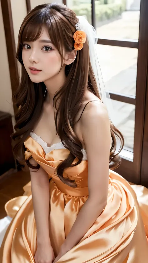 (((Top Quality))), (((Masterpiece))), (((Detail))), tall, looking at camera, face-to-face,  shiny  orange silk satin ruffle girly empire length wedding dress, hands thrust forward, Japanese, brown hair, long hair, gorgeous room,. Gorgeous ribbon hair acces...