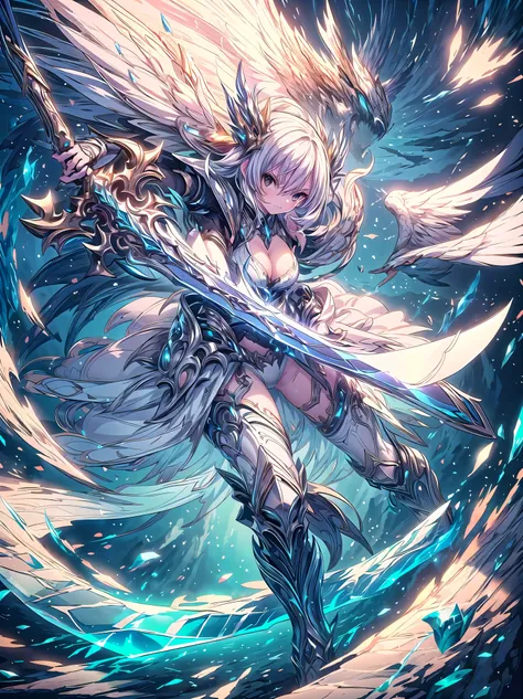 (((masterpiece, best quality, high detailed, 16k))), A girl holding a sword in her hand, female goddess, Ornate Sword, light and white divine sword, Planted Sword, (close-up of sword), black eyes, white hair, big breasts, white bikini dress, white cloak, p...