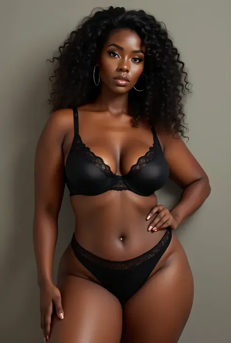 "An Afro-dark-skinned woman with frizzy hair and light eyes, posing elegantly . Her body is curvy, with wide hips and a harmonious figure. Wear Victoria's Secret, style lingerie with large and delicate fabrics that enhance her silhouette. The lighting is s...