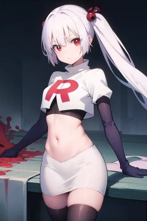 tsukuyoinaba, tsukuyo inaba, long hair, hair ornament, twintails, very long hair, purple hair, thick eyebrows, (red eyes:1.5),
BREAK team rocket,team rocket uniform,white skirt,red letter R,crop top,black thigh-highs,black elbow gloves,
BREAK looking at vi...