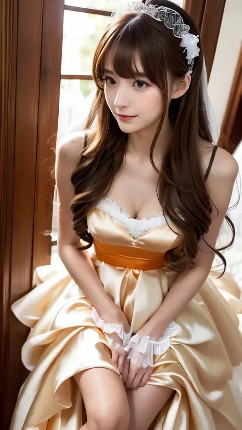 (((Top Quality))), (((Masterpiece))), (((Detail))), tall, looking at camera, face-to-face,  shiny  orange silk satin ruffle girly empire length wedding dress, hands thrust forward, Japanese, brown hair, long hair, gorgeous room,. Gorgeous ribbon hair acces...