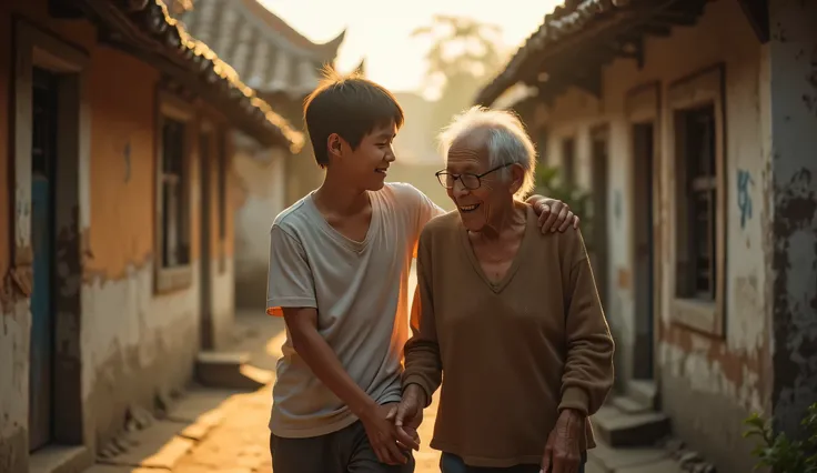 The young man gently helps an elderly villager amidst a backdrop of weathered Thai architecture. Warm light filters through the scene, highlighting the intergenerational bond and the importance of compassion in healing.