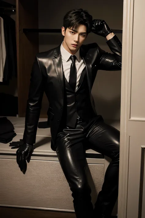 A muscular, Full body shot of a handsome K-pop boy idol is wearing a leather suit with a tie and black leather gloves.
 lay down Showing abs, in closet. sexy.try to rape.realistic high quality .intricate detail face , ultra high res, uhd