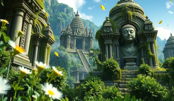 A breathtaking view of crumbling temple ruins enveloped by vibrant jungle growth, moss-covered stone statues, and delicate wildflowers. The scene embodies the timeless cycle of decay and renewal, paralleling inner transformation.