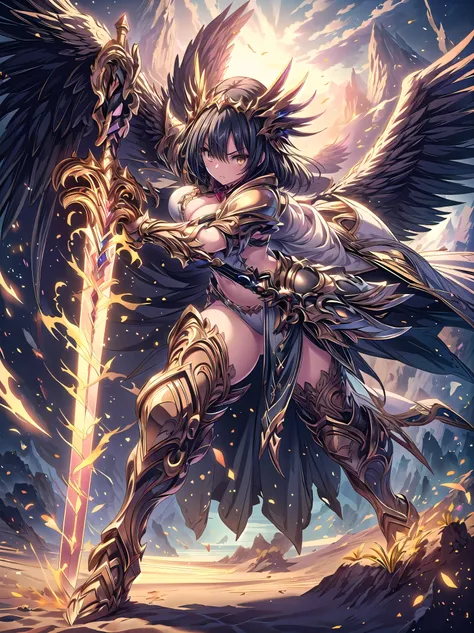 (((masterpiece, best quality, high detailed, 16k))), A girl holding a sword in her hand, female goddess, Ornate Sword, sand sword, Planted Sword, (close-up of sword), yellow eyes, black hair, big breasts, white bikini dress, white cloak, powerful and fanta...