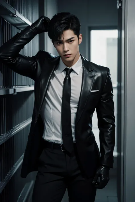 A muscular, Full body shot of a handsome K-pop boy idol is wearing a leather suit with a tie and black leather gloves.
 lay down Showing abs, in closet. sexy.try to rape.realistic high quality .intricate detail face , ultra high res, uhd