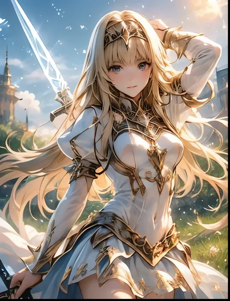 (((SFW、Highest quality、 first class masterpiece 、 Normal body 、8k、 detailed face 、 super precise、 real color 、5refer to、Highest)))、 Valkyrie 、『Valkyrie Profile 2』、Golden Hair 、 long hair、 short、Big Breasts、 slender、 slim、 Navel Exposure 、Pink Heart Dir...