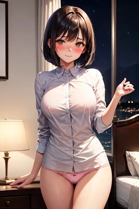 A sophisticated and intelligent young lady with sleek, dark ash bob hair and sharp and a calm, traditional aura,gently swaying in the evening breeze. She wears a stylish blend of modern and a refined white blouse,(brown eyes),(tits),(SMILE),(((blush))),(((...