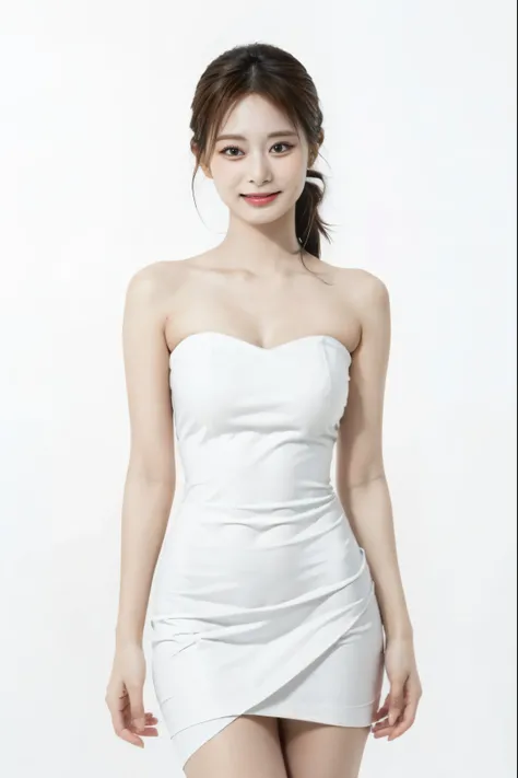 Tzuyu, (realistic), (hyperrealism), best quality, masterpiece, (photorealistic:1.4), Ultra High Res, UHD, (plain white background:1.6), 1girl, adorable, solo, (smile), (face details: 1), (eye details:1), (slim body), Cute posed, proportional body, (full bo...