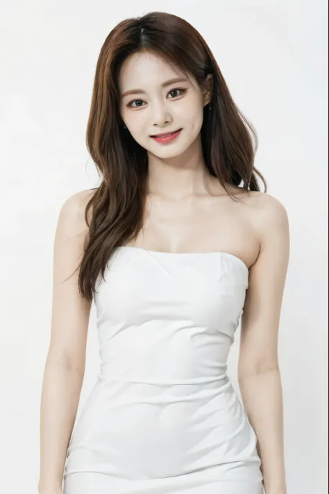 Tzuyu, (realistic), (hyperrealism), best quality, masterpiece, (photorealistic:1.4), Ultra High Res, UHD, (plain white background:1.6), 1girl, adorable, solo, (smile), (face details: 1), (eye details:1), (slim body), Cute posed, proportional body, (full bo...