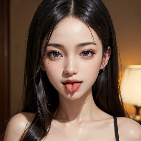 ((masterpiece)), ((best quality)), ((ultra-detailed)),((hyperrealistic)),(japanese cute girl),(shiny skin),(black hair),long hair,forehead,(plain forehead),(black eyes,tareme,droopy eyes),(small breasts.slenderbody),,face close-up,(((long tongue))),smile,p...