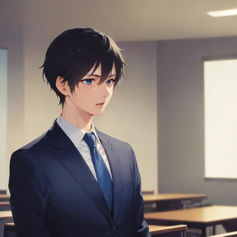 (looking away:1.5), standing, masterpiece, best quality, Japanese manga style, upper body, (25 year old male: 1.5) and (short black hair) and (blue eyes), (suit:1.5) and (blue tie), sirious, open mouth, The background is the office room, alone,