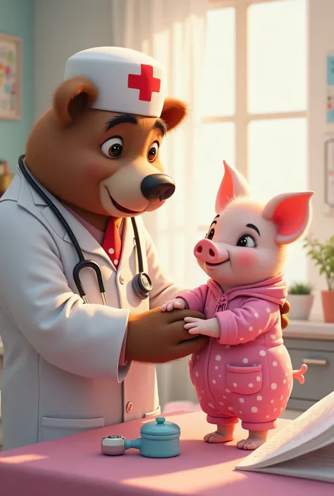 create a picture of a piglet in pink clothes , bear doctor in white clothes red cross hat examining piglets