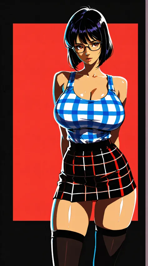 style retro classic, master piece:1.5、(minimal art, line drawing), woman、silence、An ennui look、glasses, Densely drawn, plaid tank top, huge breasts, portrait, thin waist, plaid mini skirt, thigh highs, slender legs, sexy, arms behind back, red panties, no ...