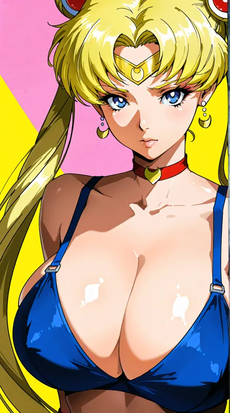 Highest quality, Super detailed, one asian girl, View the viewer, yellow hair, blue eyes, blue bra with straps, huge breasts, Sailor Moon, Kizi，Highly detailed, Amazing work，Vitreous luster,((clean backdrop))，clean backdrop。shiny skin, colorful background,...