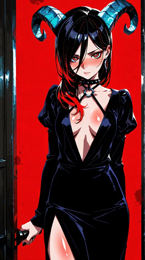 Kizi，Highly detailed, Amazing work，Vitreous luster,((clean backdrop))，In black，(((red colors)))，white color，Best quality at best，clean backdrop, shiny skin, goth, plunging neckline, heavy blushing, 