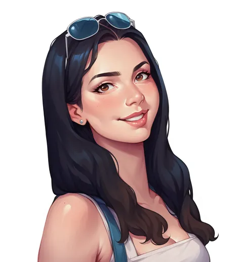 A young woman with a radiant smile and soft, natural facial features. She has medium-length, dark brown hair with a smooth texture, slightly wavy at the ends. Her eyebrows are  thin well-defined and arched, complementing her expressive brown eyes. Her skin...