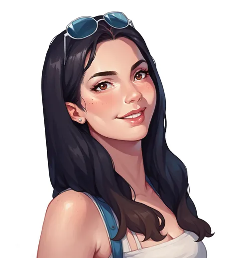A young woman with a radiant smile and soft, natural facial features. She has medium-length, dark brown hair with a smooth texture, slightly wavy at the ends. Her eyebrows are  thin well-defined and arched, complementing her expressive brown eyes. Her skin...
