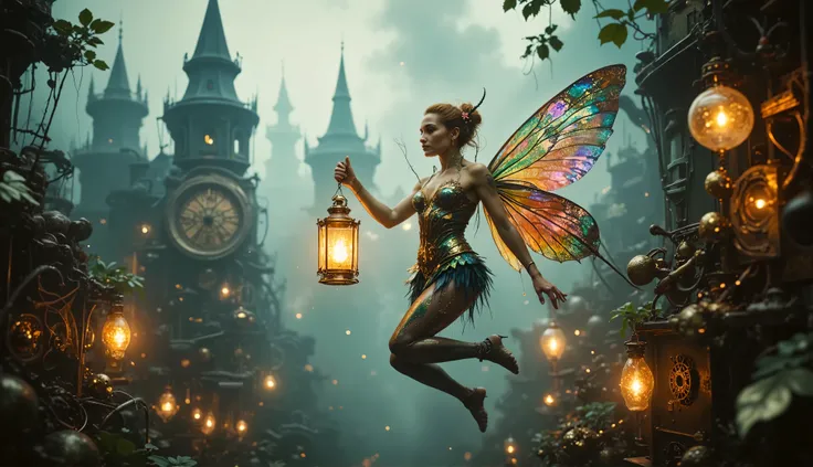 A delicate fairy with iridescent, multicolored wings hovers in a misty steampunk cityscape, holding a glowing lantern that casts a golden light. Surrounding her are intricate brass gears, floating cogs, and suspended orbs emitting a soft luminescence. In t...