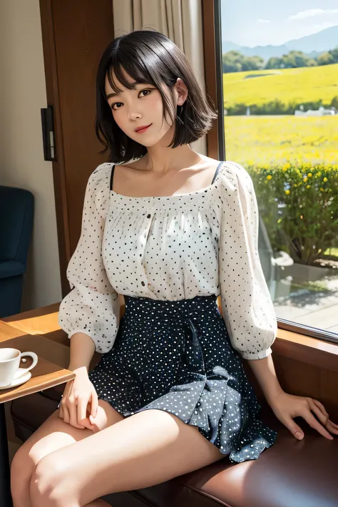 (High Definition), Lady, Japan Person, Cute, Black Hair Short, wearing Flawer dot Print Round Neck Summer Casual Shirt,Puff Sleeve, Flair Long Solid Color Skirt, Trad Style For Female,  Glance, At Hotel Cafe, A Cup of Coffee & Some Books on a Table, Key Li...