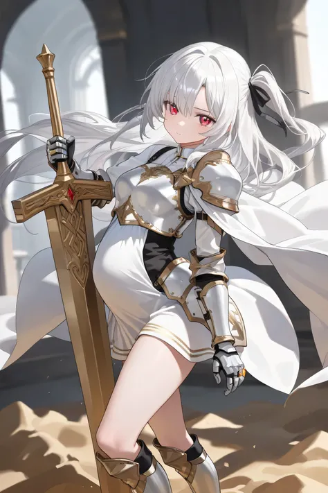 (Best quality, 4k, 8k, high resolution, masterpiece:1.2), ultra detailed, SOLO, intricate details, beautiful girl, alone, long white hair, bangs, one side of her hair adorned with a white ribbon with gold stripes, red-colored eyes, small-medium breasts, pe...