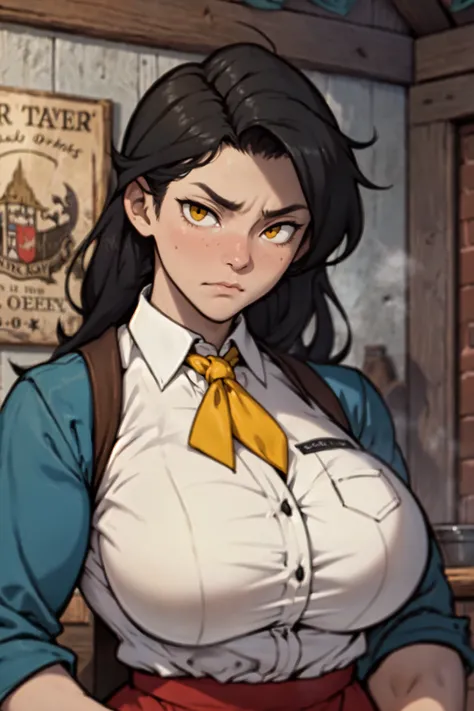 tavern keeper tavern keeper tavern keeper tavern keeper empty eyes embarrassed black hair yellow eyes long hair pale skin huge muscles big breasts solo