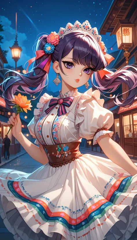 Komi Shouko with pigtails, purple hair, purple eyes, MexClothes hair ornament, flower, white dress, frills, traditional clothes, ribbon, puffy sleeves, multicolored clothes, colorful clothes, in an anime-style, outdoors, mexican downtown background, (night...