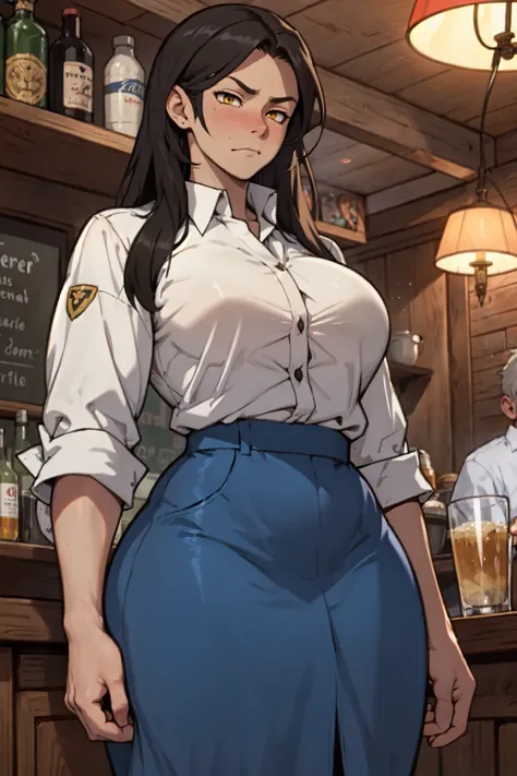 tavern keeper tavern keeper tavern keeper tavern keeper empty eyes embarrassed black hair yellow eyes long hair pale skin huge muscles big breasts solo