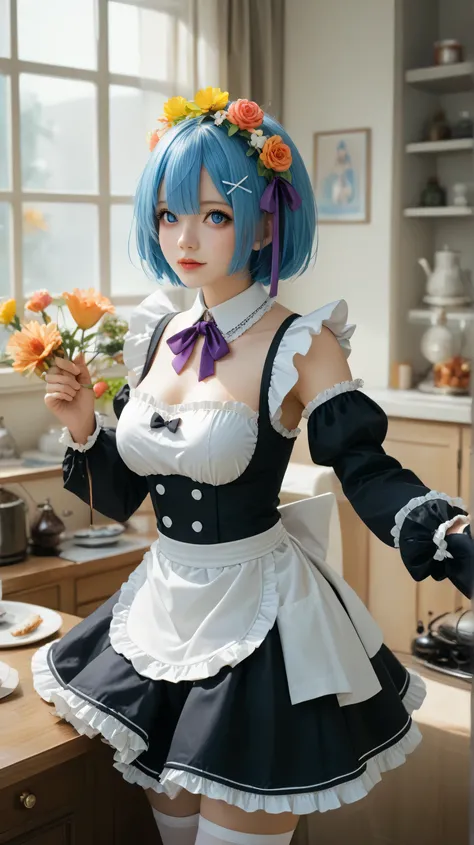puntuación_9, puntuación_8_arriba,enfoque agudo,, absurdres, highres, ilustración,
A mí_TA, 1 chica,rem, blue eyes, blue hair, hair ornament, hair over one eye, hair ribbon, short hair, x hair ornament,inclinándose hacia adelante , mano en la cadera, sopl...