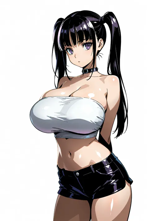 Goth girl . Very kawaii , round face . Slim , huge breasts , shiny skin . Pure white tube top. shorts . arms behind back . No background , White background , looking at the viewer, 